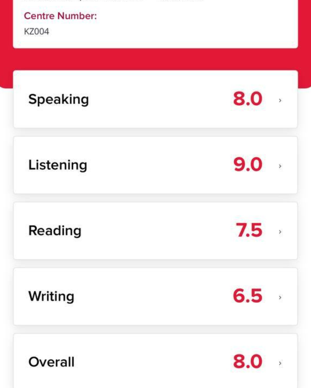 IELTS score result from cohort student 7
